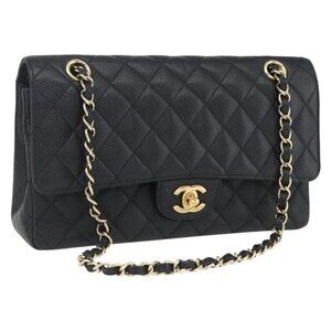 CHANEL Matelasse 25 Chain Bag Grained Calf Skin Black Gold